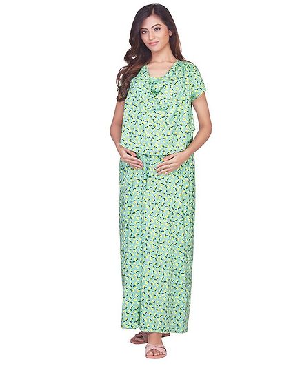 Kriti Short Sleeves Maternity Nighty Floral Print - Green