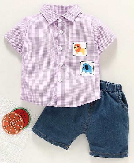 Kookie Kids Half Sleeves Checked Shirt with Shorts - Purple Blue