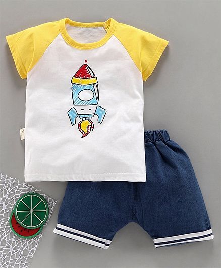 Kookie Kids Half Sleeves Tee With Shorts Rocket Print - Yellow Blue
