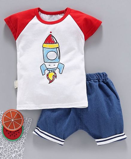Kookie Kids Half Sleeves Tee With Shorts Rocket Print - Red Blue