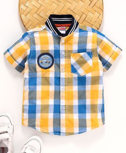 Babyhug Half Sleeves Check Shirt Racing Car Patch - Yellow Blue