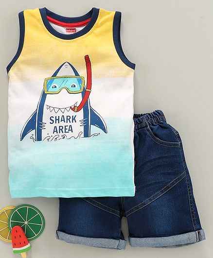 Babyhug Sleeveless Tee & Denim Shorts Shark Print - White Blue