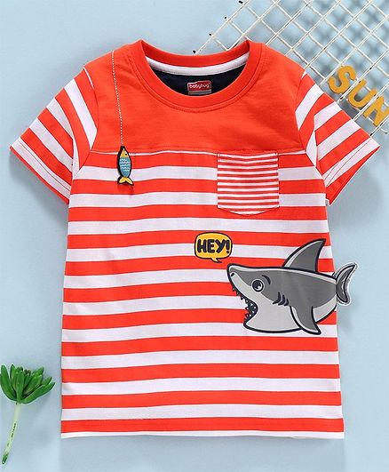 Babyhug Half Sleeves Stripe Tee Fish Patch - Orange White