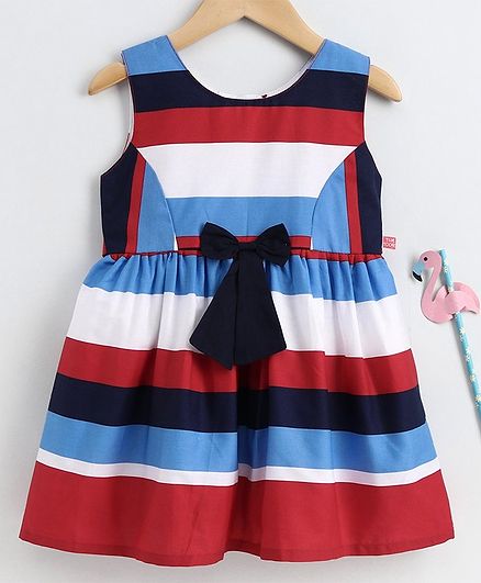 Twetoons Sleeveless Striped Frock Bow Applique - Multicolor