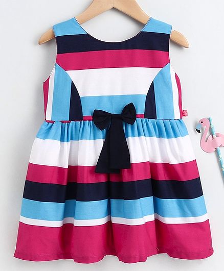 Twetoons Sleeveless Striped Frock Bow Applique - Multicolor