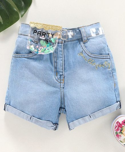 Little Kangaroos Denim Shorts with Belt & Transparent Bag Text Embroidery - Blue