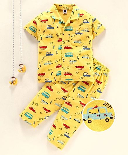 Teddy 100% Cotton Half Sleeves Night Suit Vehicle Print - Yellow