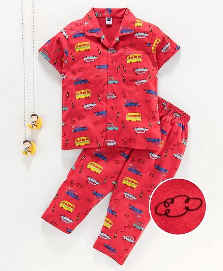 Teddy 100% Cotton Half Sleeves Night Suit Vehicle Print - Yellow