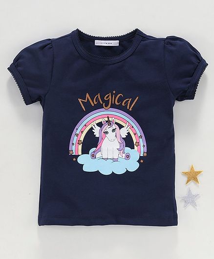 Little One Half Sleeves Top Unicorn Print - Navy Blue