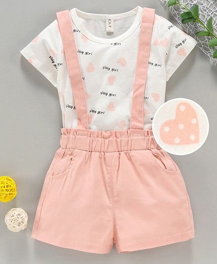 Kookie Kids Half Sleeves Tee And Shorts With Suspender Heart Print - White Pink