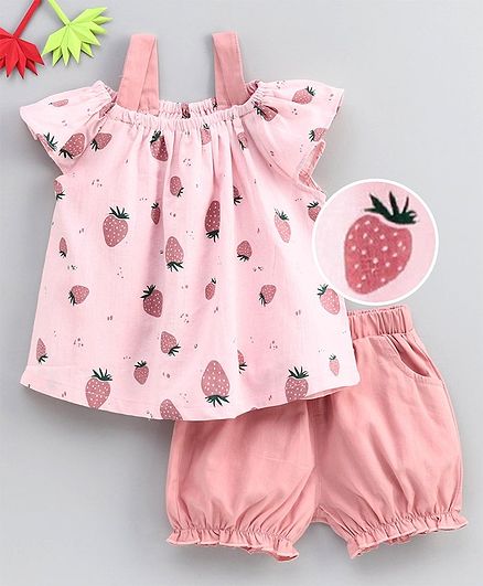 Kookie Kids Cold Shoulder Top & Shorts Strawberry Print - Pink