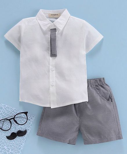 Kookie Kids Half Sleeves Shirt with Checked Shorts - White Grey