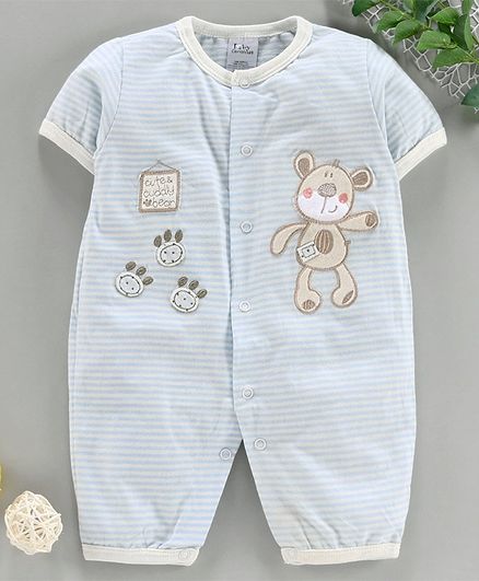 Kookie Kids Half Sleeves Striped Romper Bear Patch - White Blue