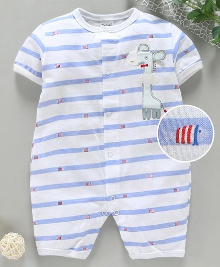 Kookie Kids Half Sleeves Striped Romper Fish Print - White Blue