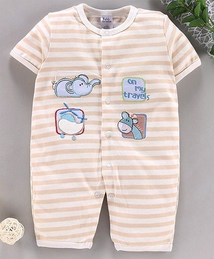 Kookie Kids Half Sleeves Striped Romper Elephant Embroidered - White & Brown