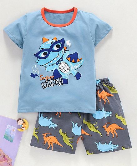 Kookie Kids Half Sleeves Night Suit Super Dino Print - Blue