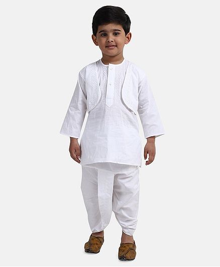 BownBee Embroidery Neckline Full Sleeves Kurta With Attached Jacket & Dhoti - White