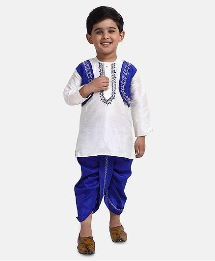 BownBee Embroidery Neckline Full Sleeves Kurta With Attached Jacket & Dhoti - White & Blue
