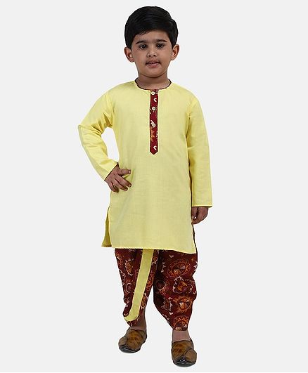 BownBee Full Sleeves Kurta & Printed Dhoti - Yellow
