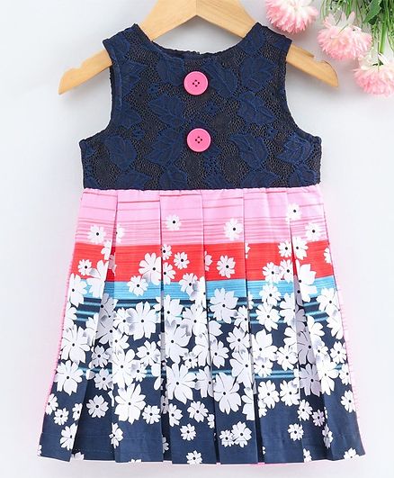Yellow Duck Flower Printed Sleeveless Box Pleated Dress - Navy Blue