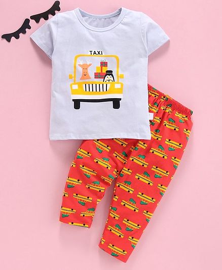 Kookie Kids Half Sleeves Night Suit Taxi Print - Grey Red