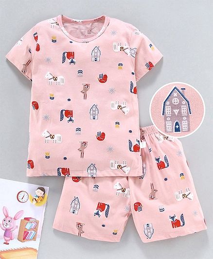 Kookie Kids Half Sleeves Printed Night Suit - Peach