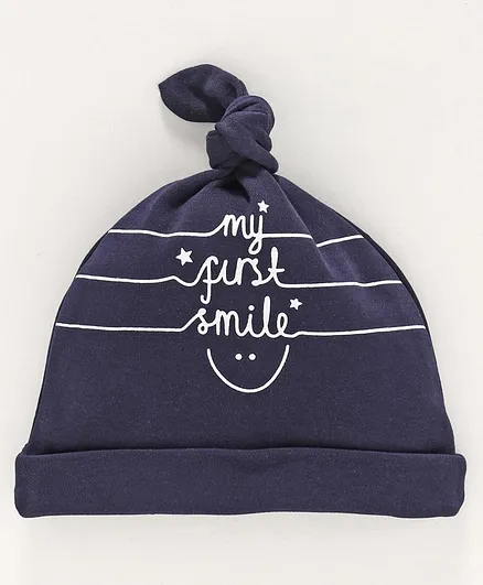 Babyhug 100% Cotton Cap Smile Print Navy - Diameter 10 cm