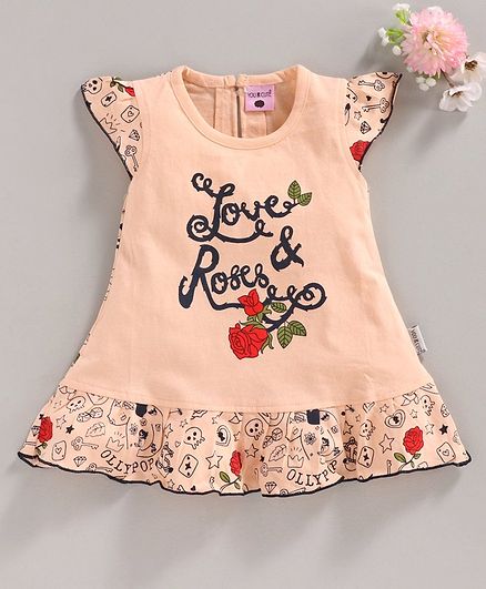 U R Cute Love Roses Printed Short Sleeves Dress - Peach