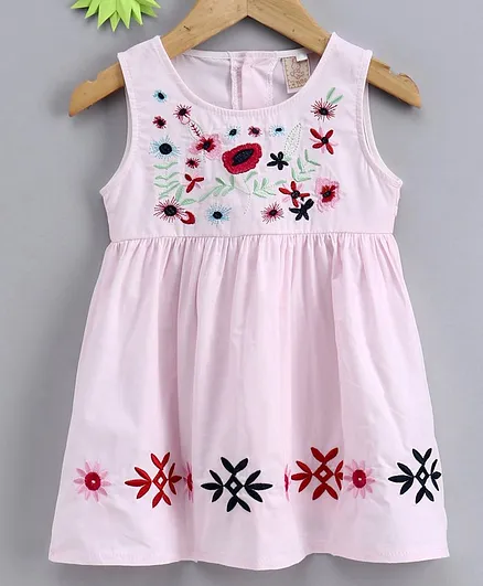 Smile Rabbit Sleeveless Floral Embroidered Frock - Light Pink