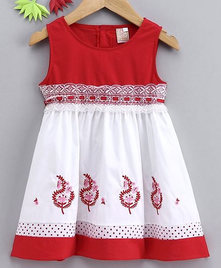 Smile Rabbit Sleeveless Floral Embroidered Frock - Red White