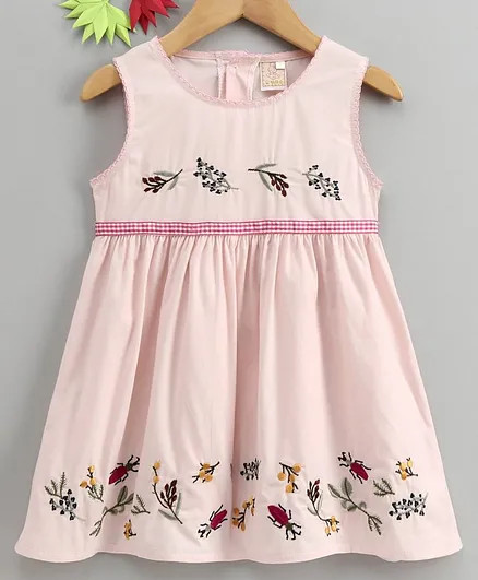 Smile Rabbit Sleeveless Floral Embroidered Frock - Peach