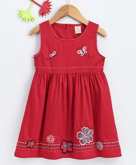 Smile Rabbit Sleeveless Floral & Butterfly Embroidered Frock - Red