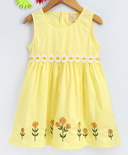 Smile Rabbit Sleeveless Floral Embroidered Frock - Yellow