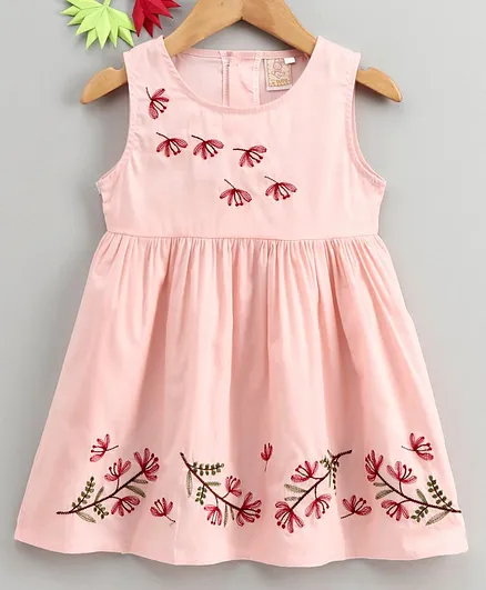 Smile Rabbit Sleeveless Floral Embroidered Frock - Pink