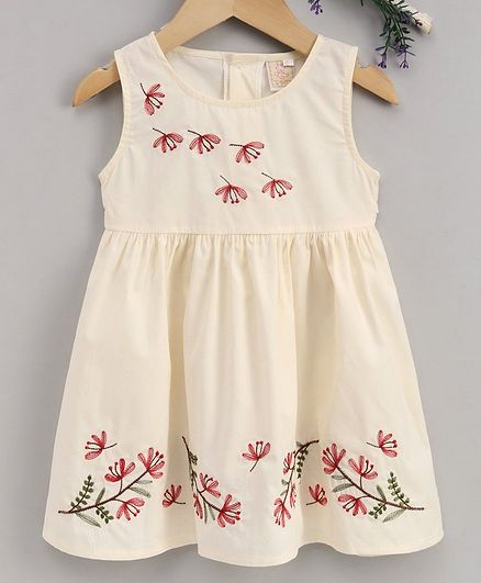 Smile Rabbit Sleeveless Floral Embroidered Frock - Cream