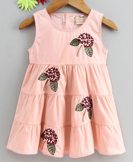 Smile Rabbit Sleeveless Floral Embroidered Frock - Pink