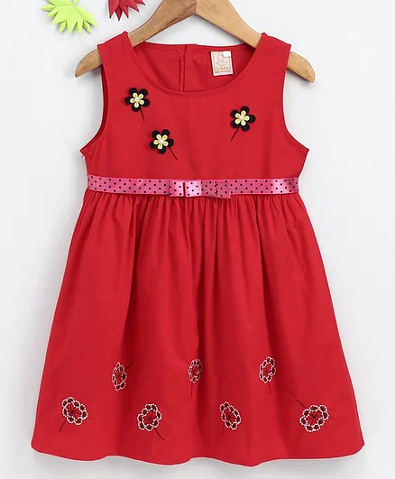 Smile Rabbit Sleeveless Floral Embroidered Frock - Red