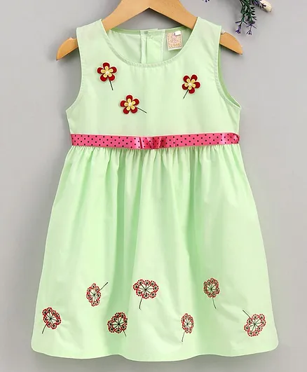 Smile Rabbit Sleeveless Floral Embroidered Frock - Green