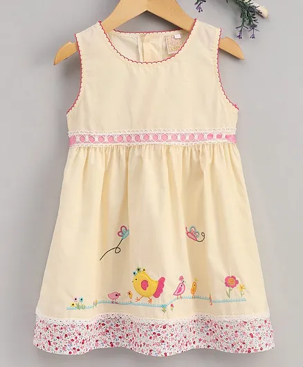 Smile Rabbit Sleeveless Frock Bird Patch - Light Yellow