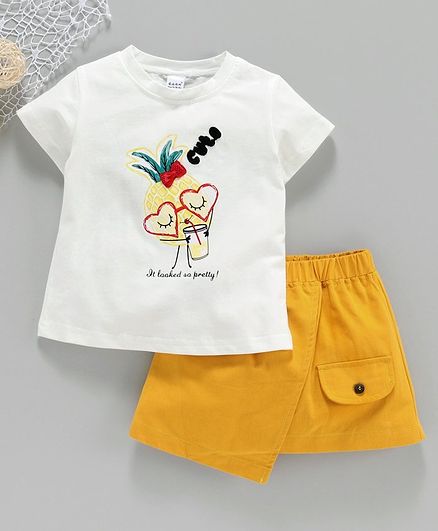 Meng Wa Half Sleeves Top & Skirt Pineapple Print - White & Yellow