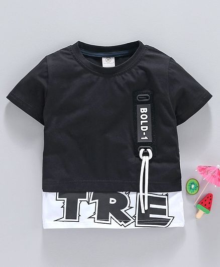 Meng Wa Half Sleeves Tee Text Print - Black