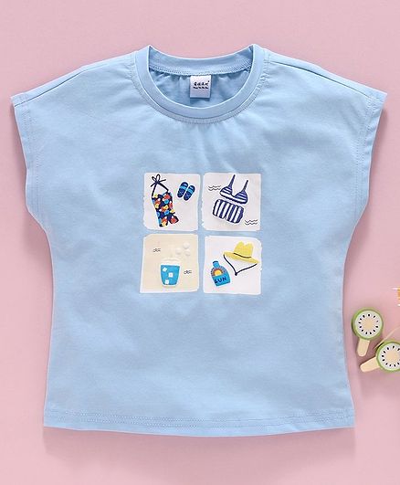 Meng Wa Short Sleeves Top Beach Print - Blue