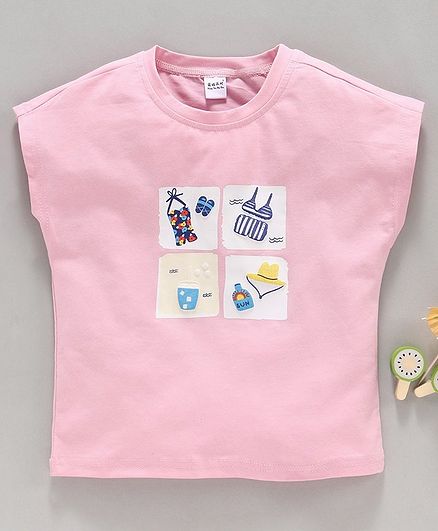 Meng Wa Short Sleeves Top Beach Print - Pink