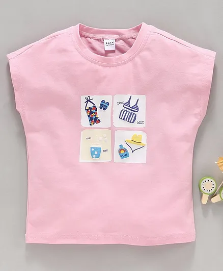 Meng Wa Short Sleeves Top Beach Print - Pink