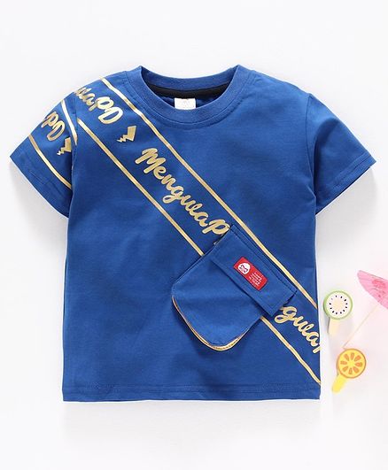 Meng Wa Half Sleeves Tee Text Print - Blue