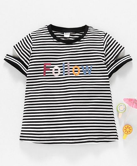 Meng Wa Half Sleeves Striped Top Follow Print - Black White