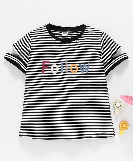 Meng Wa Half Sleeves Striped Top Follow Print - Black White