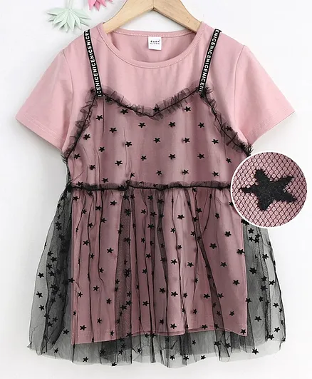 Meng Wa Star Printed Frock With Inner Half Sleeves Tee - Pink