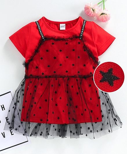 Meng Wa Star Printed Frock With Inner Half Sleeves Tee - Red