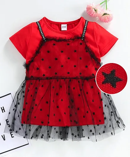 Meng Wa Star Printed Frock With Inner Half Sleeves Tee - Red